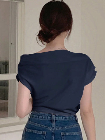 DAZY Solid Asymmetrical Neck Batwing Sleeve Tee