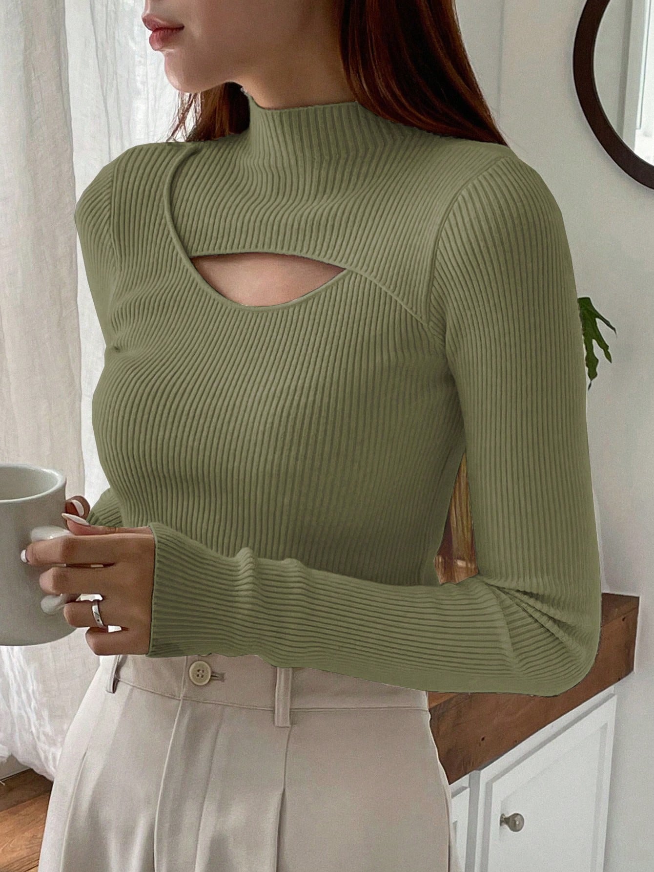 DAZY Cut Out Mock Neck Ribbed Knit Sweater,Long Sleeve Tops