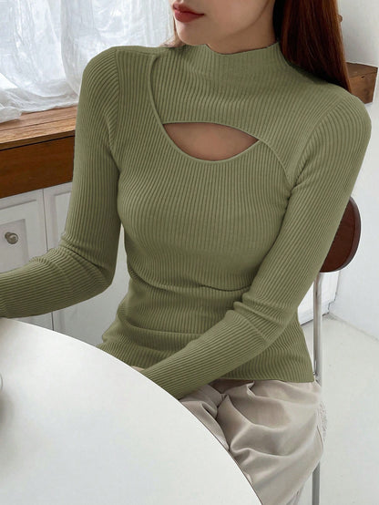 DAZY Cut Out Mock Neck Ribbed Knit Sweater,Long Sleeve Tops