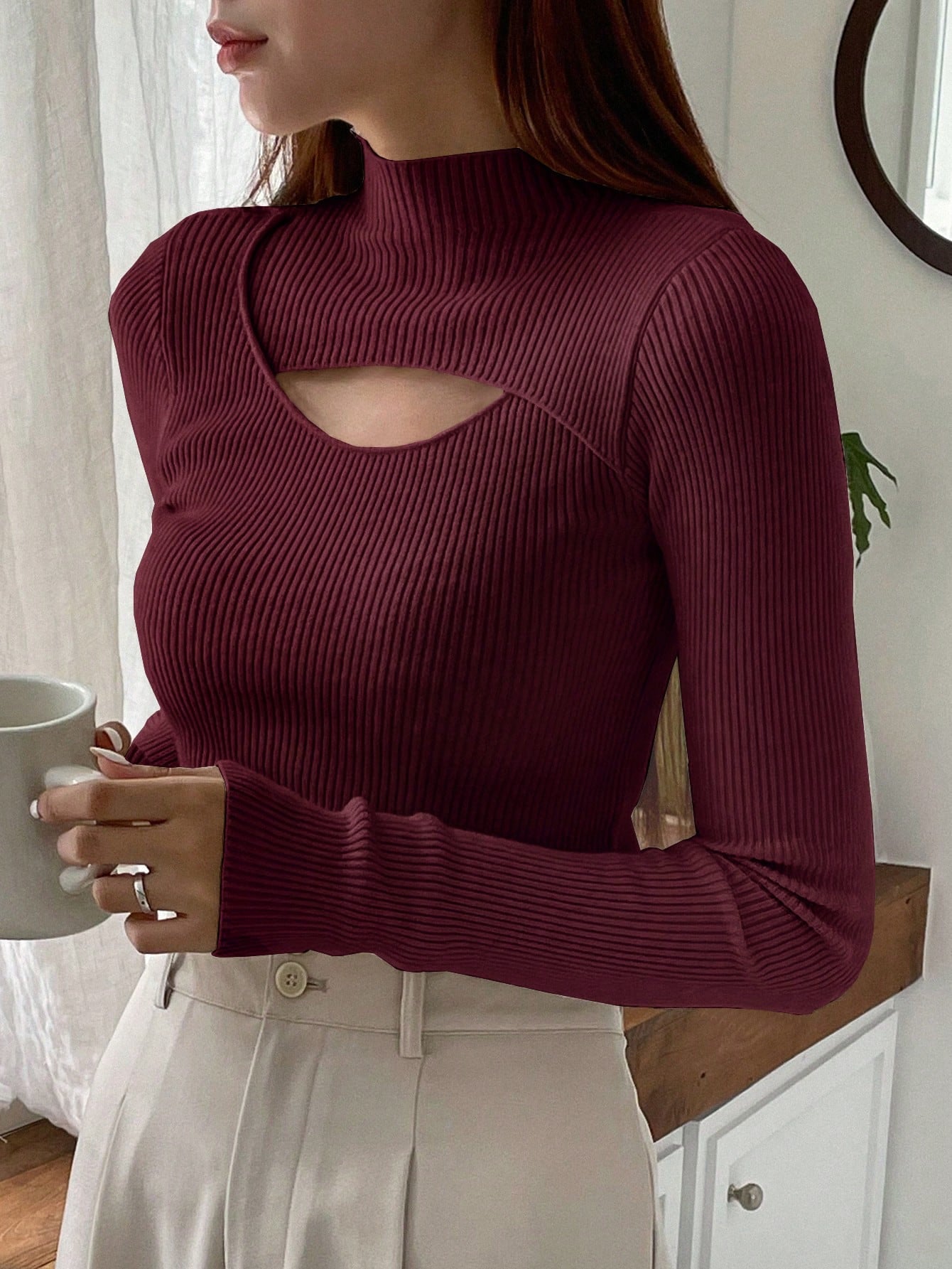 DAZY Cut Out Mock Neck Ribbed Knit Sweater,Long Sleeve Tops