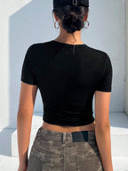 DAZY Solid Color Hollow Out Slim Fit Short Sleeve T-Shirt shein