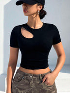 DAZY Solid Color Hollow Out Slim Fit Short Sleeve T-Shirt shein