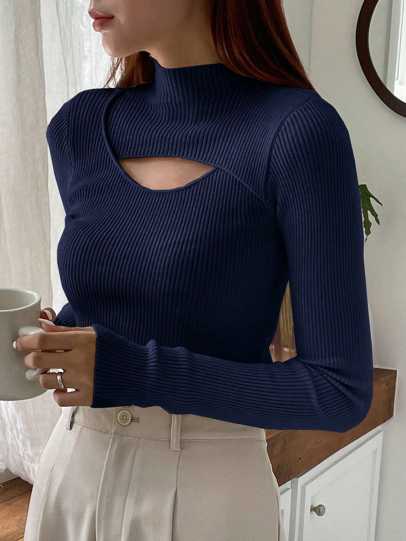 DAZY Cut Out Mock Neck Ribbed Knit Sweater,Long Sleeve Tops