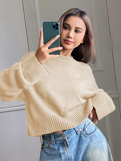 DAZY Solid Color Loose Short Crew Neck Casual Street Style Sweater