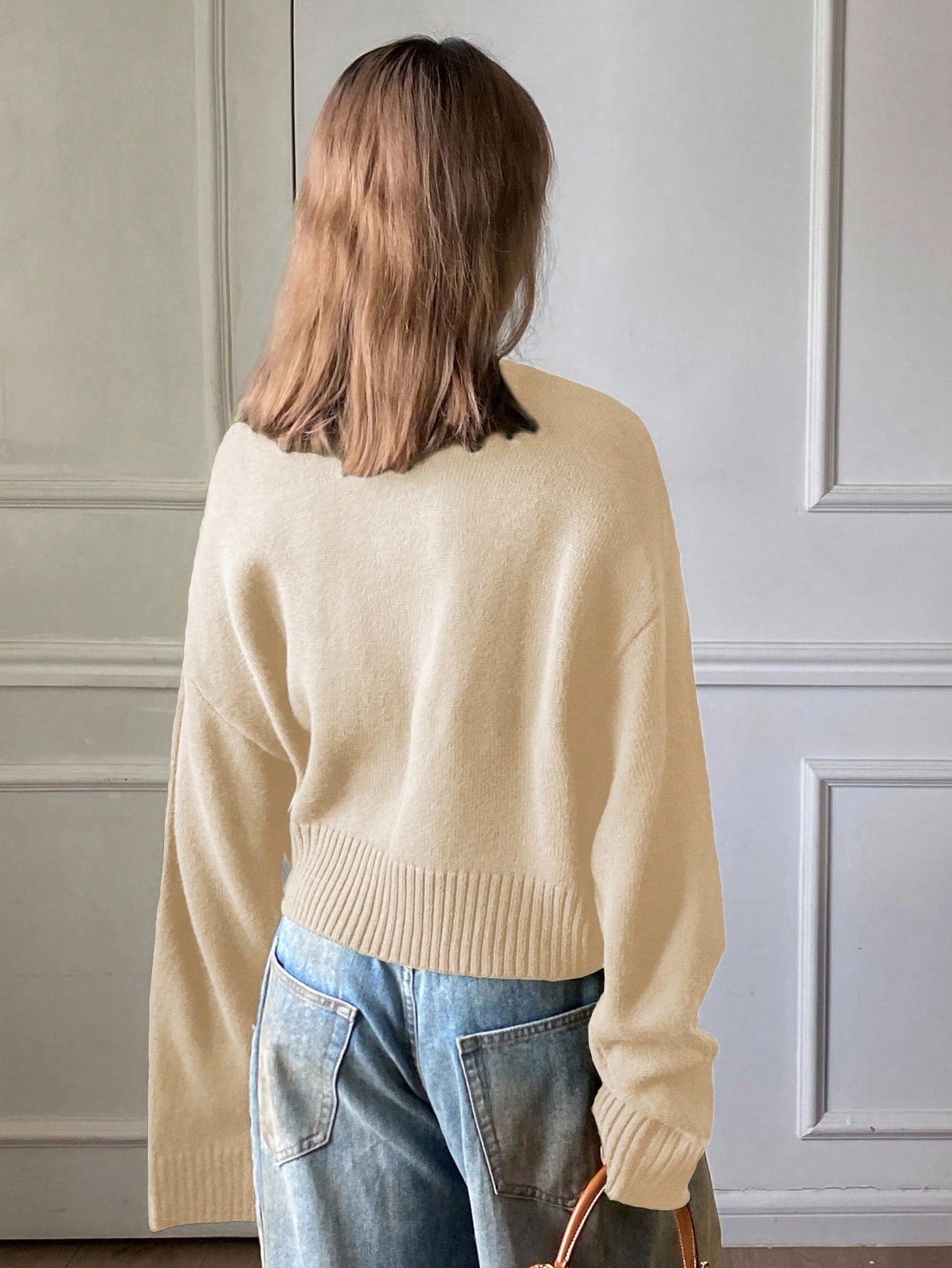 DAZY Solid Color Loose Short Crew Neck Casual Street Style Sweater