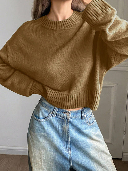 DAZY Solid Color Loose Short Crew Neck Casual Street Style Sweater