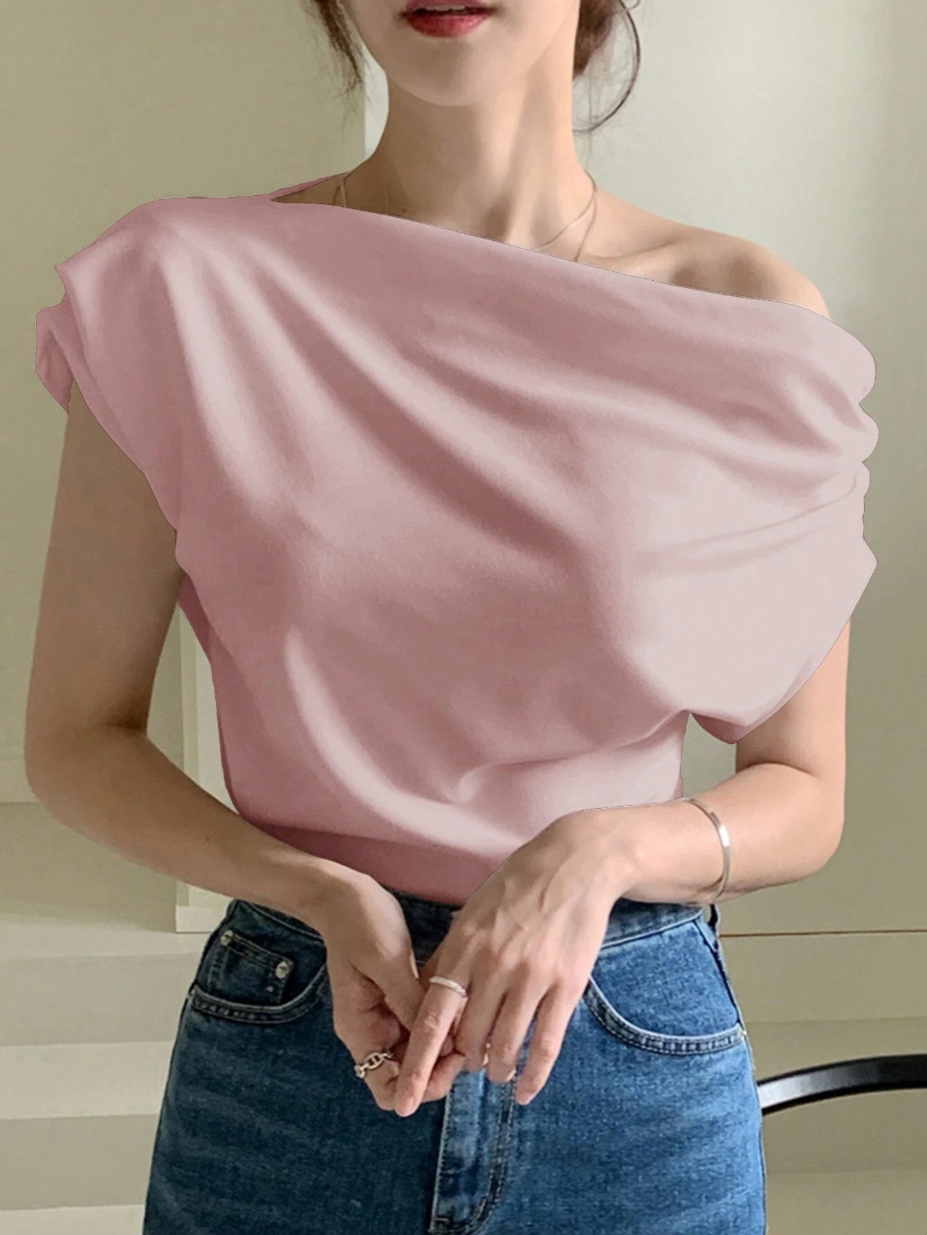 DAZY Solid Asymmetrical Neck Batwing Sleeve Tee