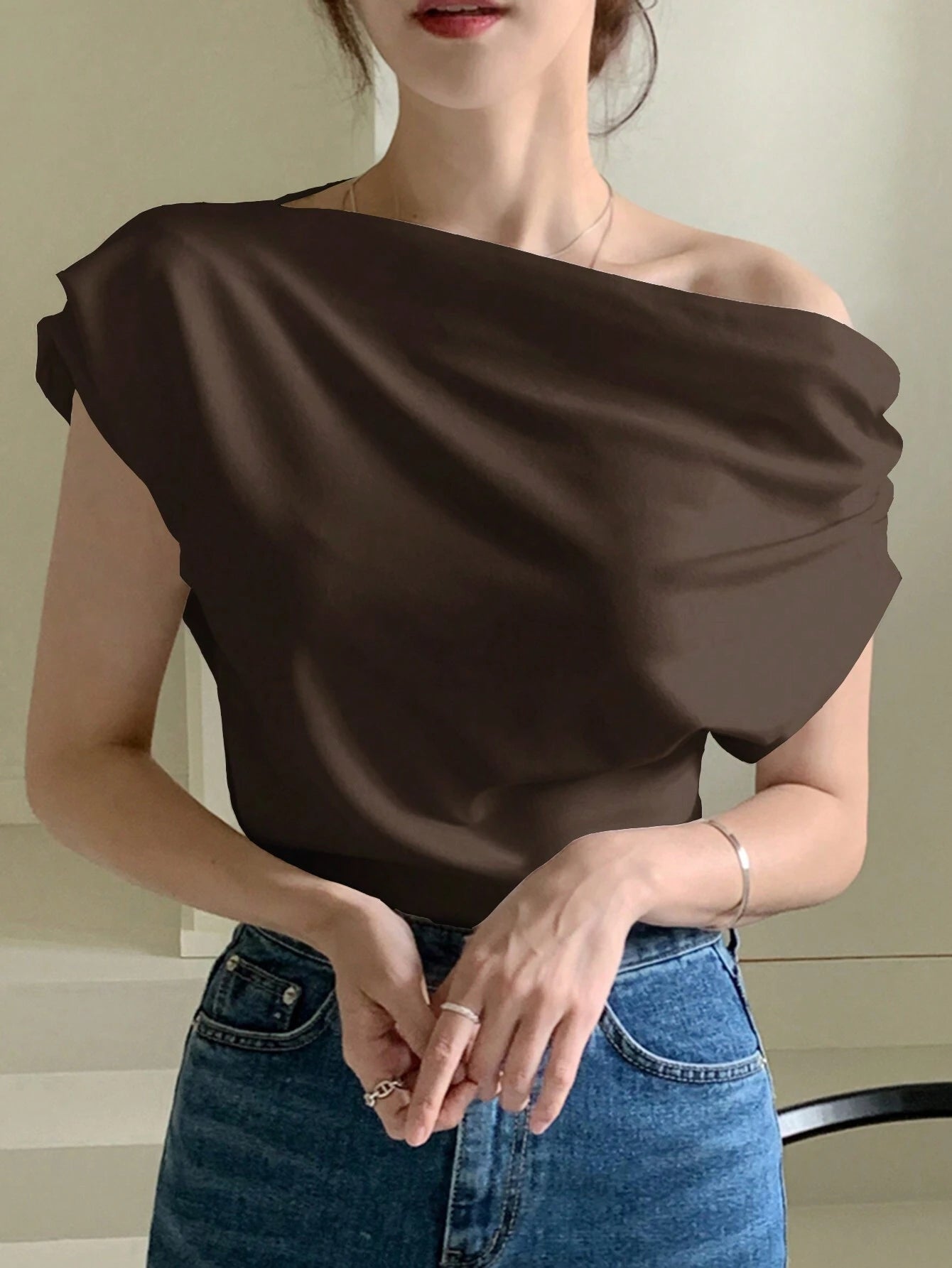 DAZY Solid Asymmetrical Neck Batwing Sleeve Tee
