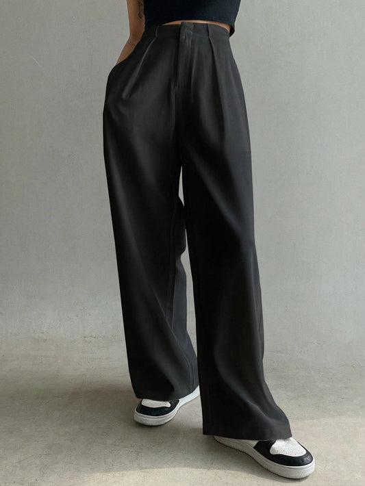 DAZY Solid Slant Pocket Wide Leg Suit Pants