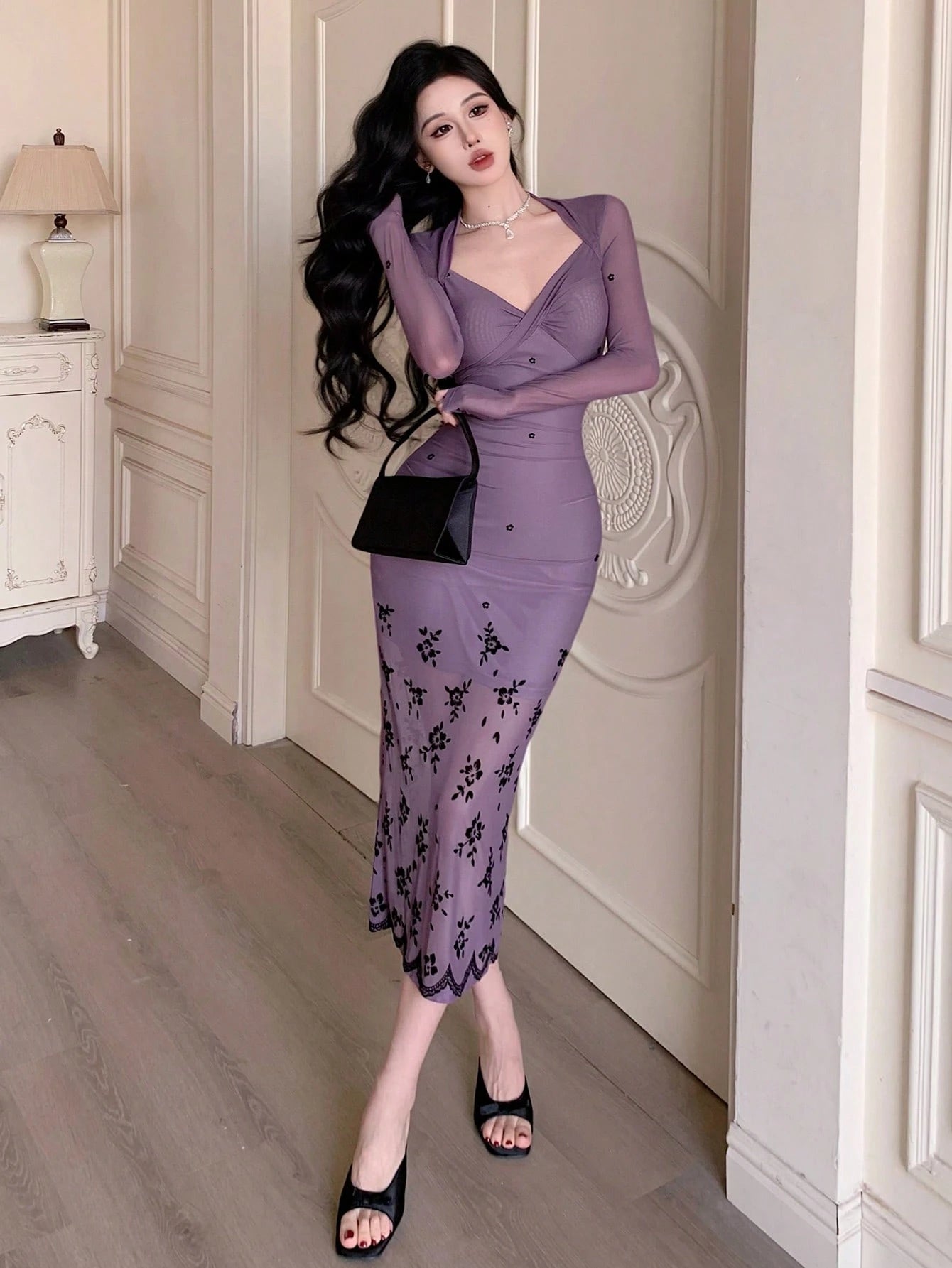 DAZY Mid-Length Rose Floral Print Sheer Overlay Slit Party Dress shein