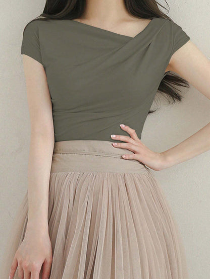 DAZY Women's Summer Solid Color Asymmetrical Collar Slim Short Sleeve T-Shirt