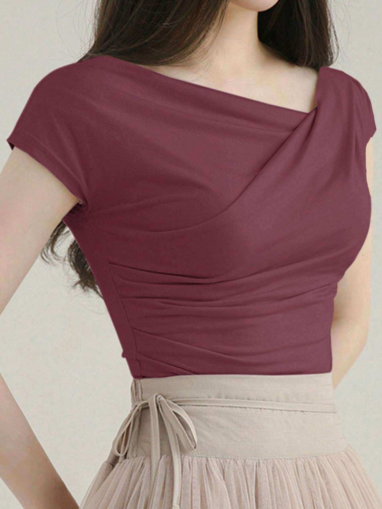 DAZY Women's Summer Solid Color Asymmetrical Collar Slim Short Sleeve T-Shirt