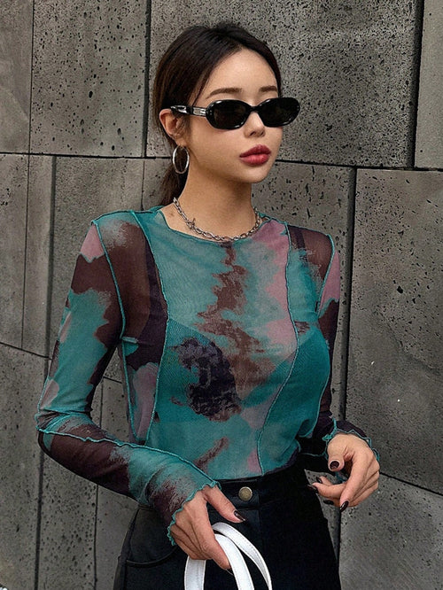 DAZY Tie-Dye See-Through Top Sheer shein