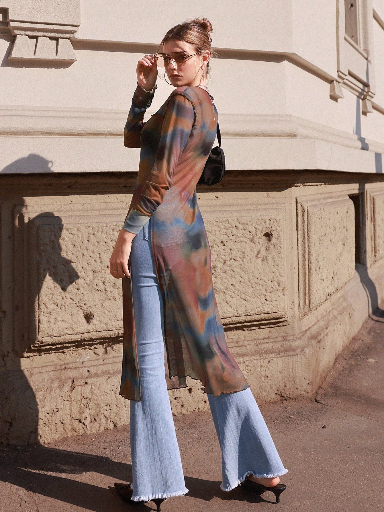 DAZY Tie Dye Split Hem Mesh Top shein