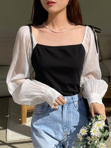 DAZY Two Tone Square Neck Lantern Sleeve 2 In 1 Blouse