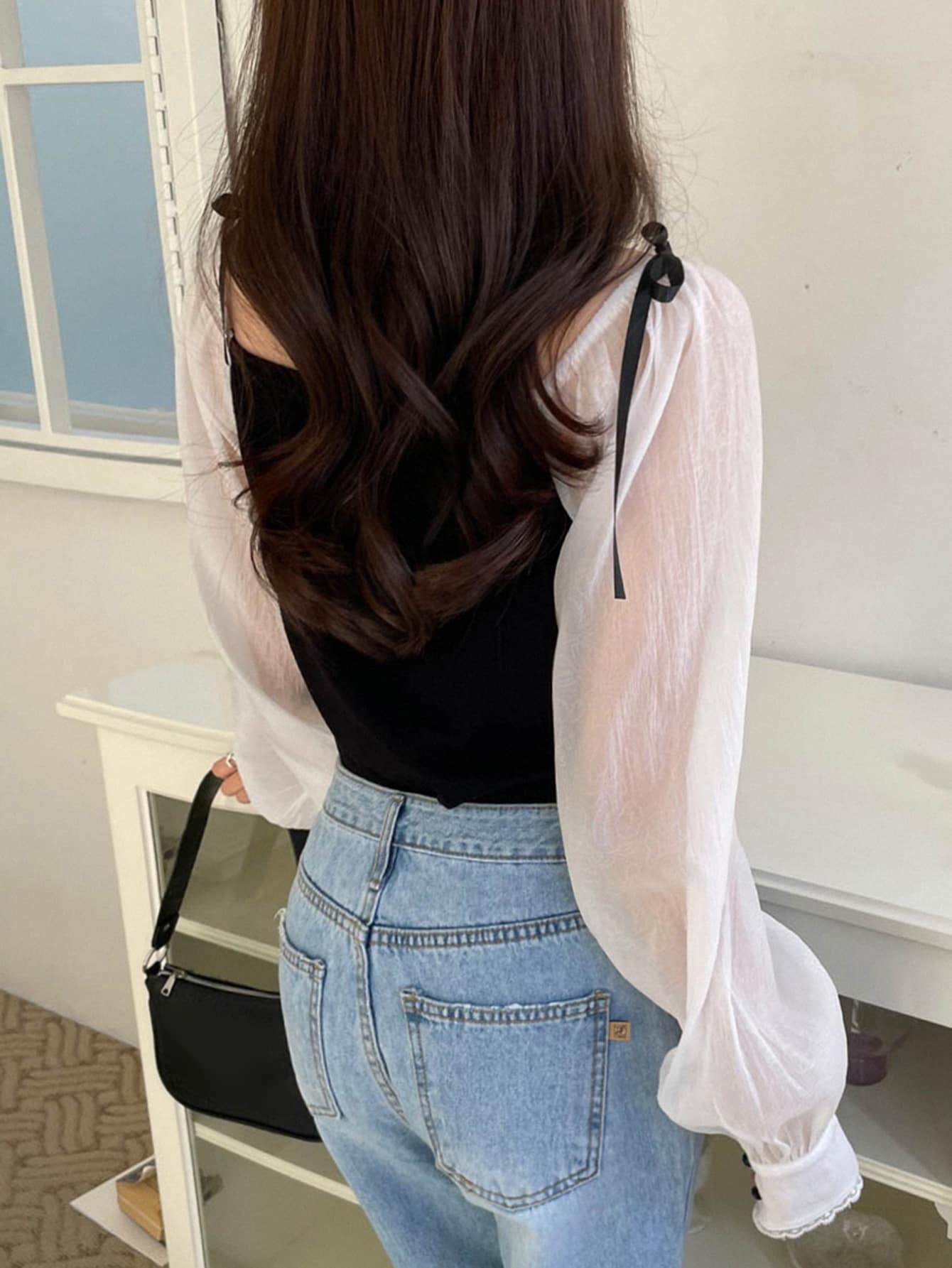 DAZY Two Tone Square Neck Lantern Sleeve 2 In 1 Blouse shein