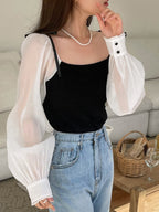 DAZY Two Tone Square Neck Lantern Sleeve 2 In 1 Blouse shein