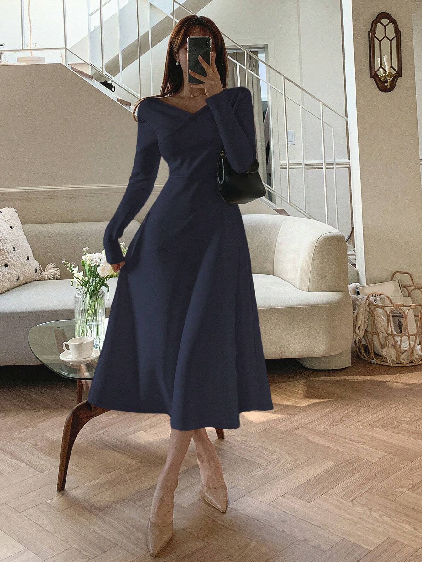 DAZY V-Neck Long Sleeve Dress Shein