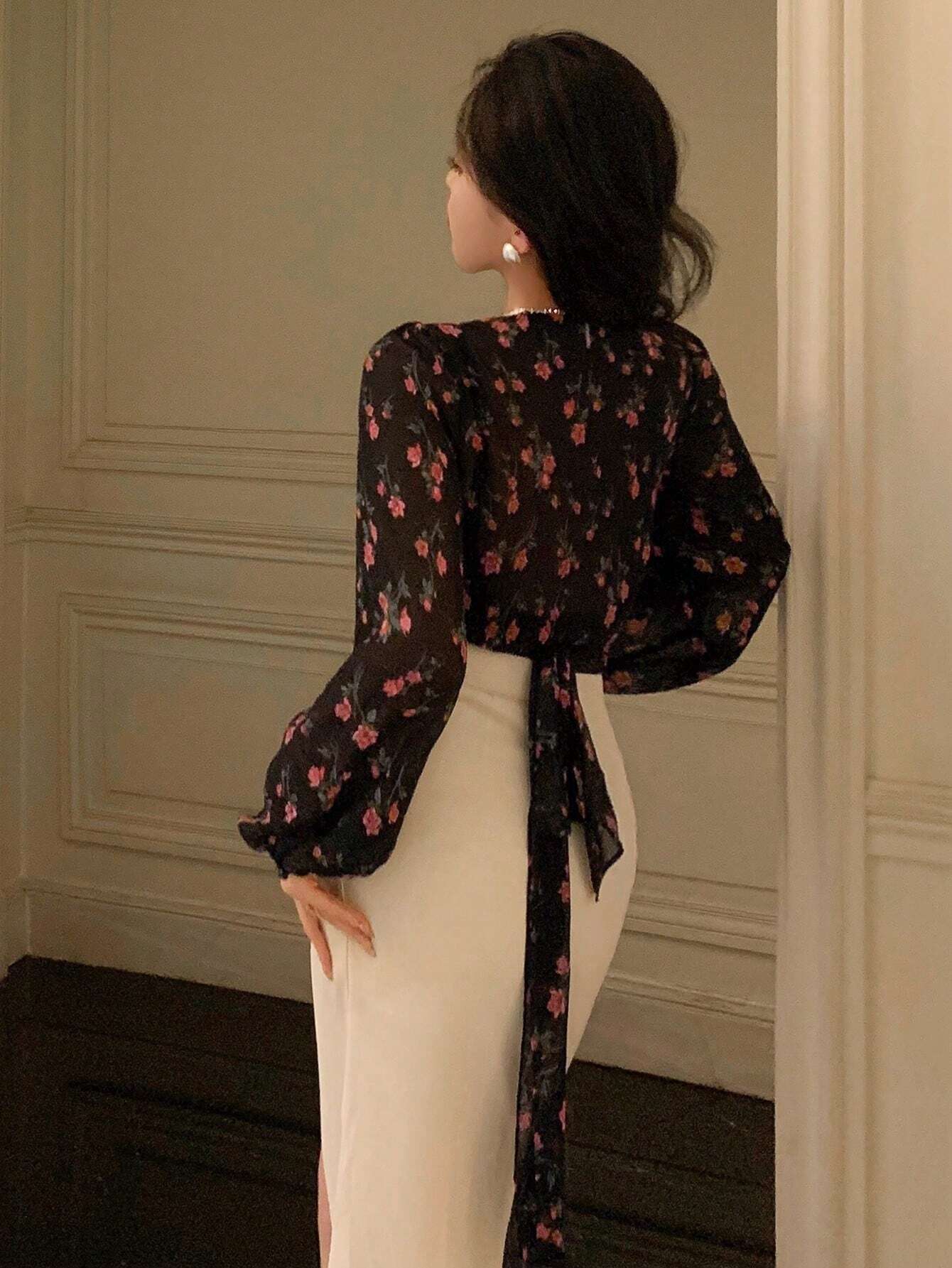 Women All Over Printed V-Neck Tie Shirt