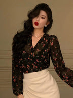 Women All Over Printed V-Neck Tie Shirt