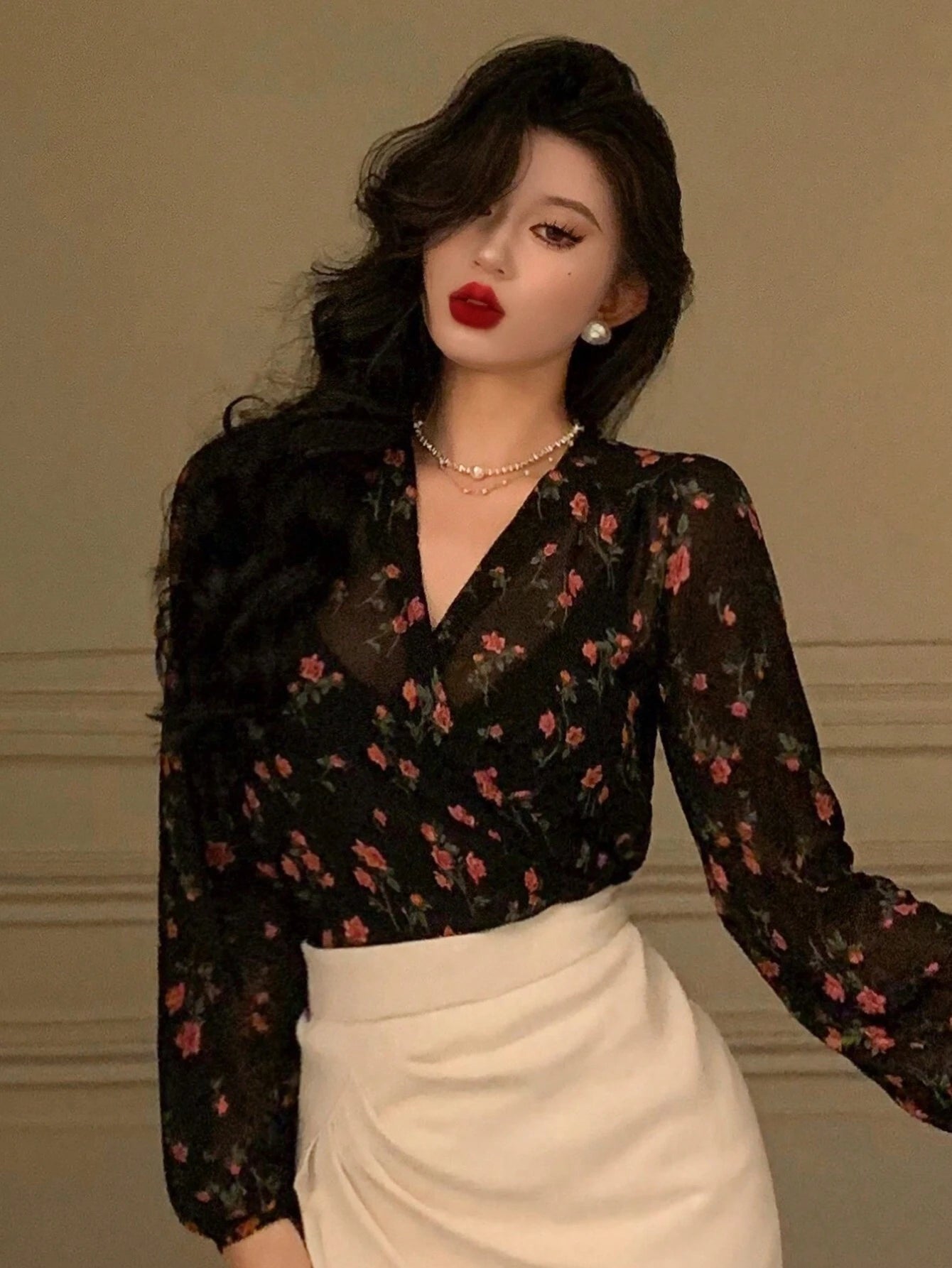 Women All Over Printed V-Neck Tie Shirt