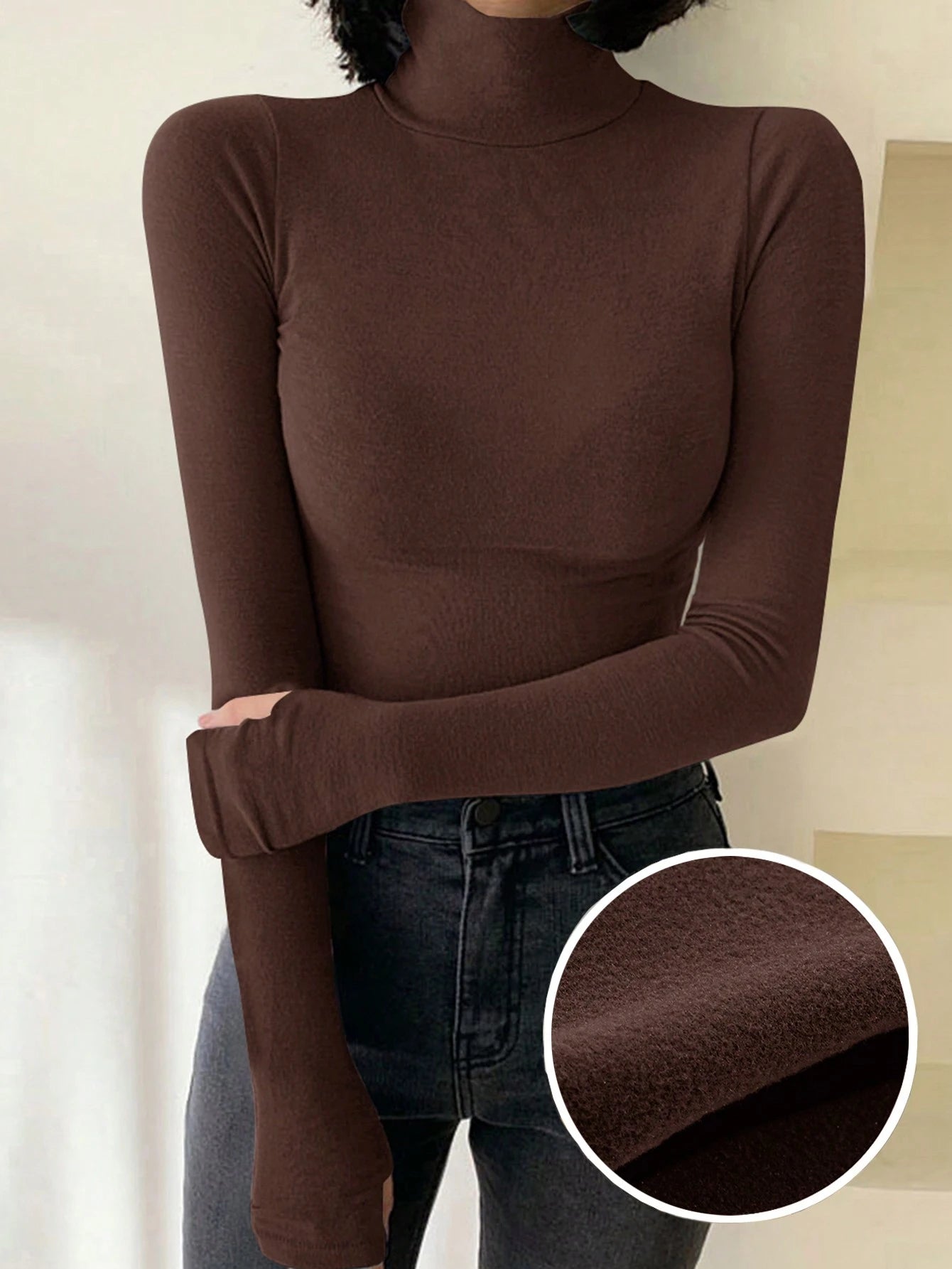 Solid Color Turtleneck Form-Fitting Thermal Lined T-Shirt Long Sleeve
