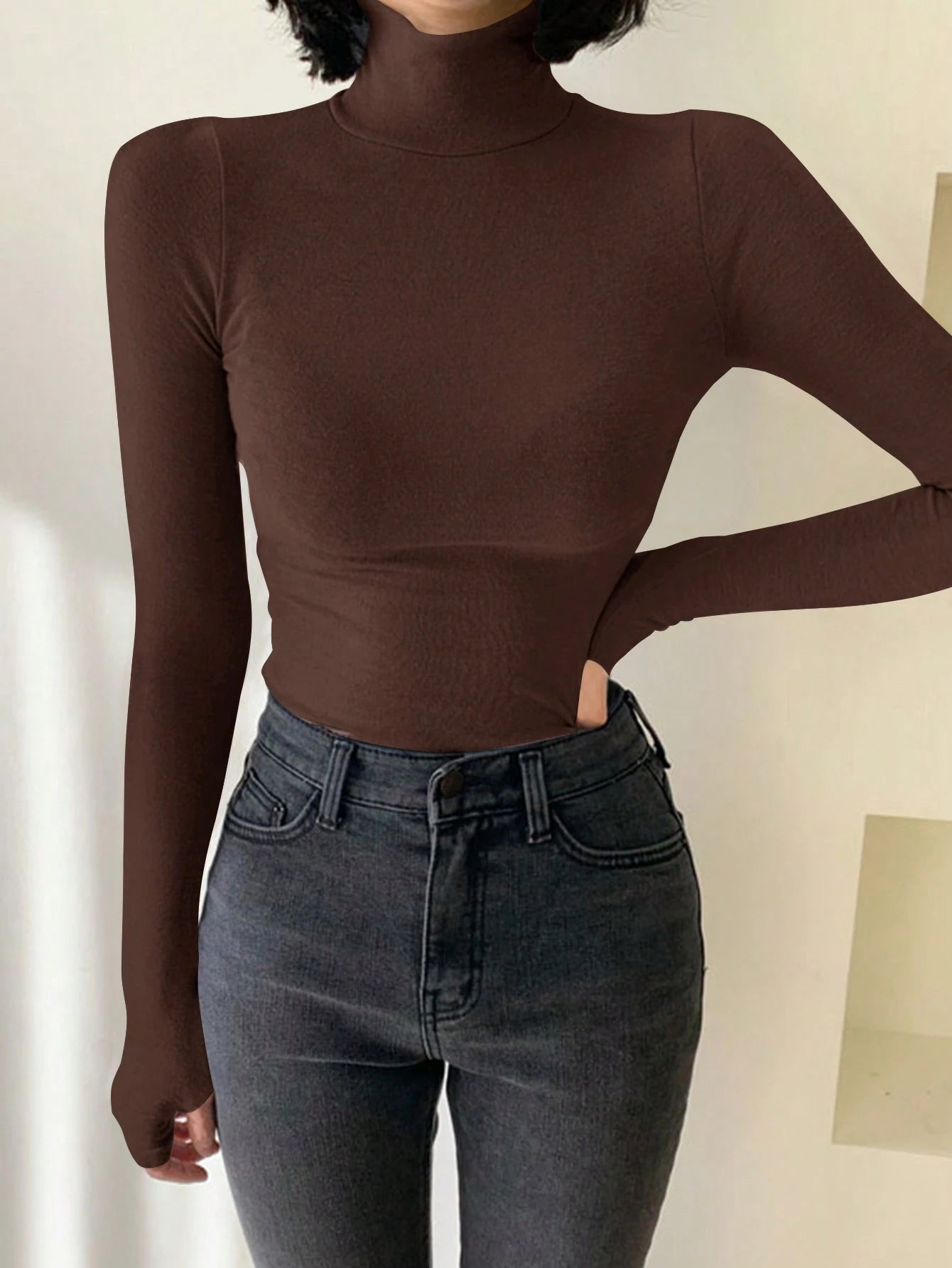 Solid Color Turtleneck Form-Fitting Thermal Lined T-Shirt Long Sleeve
