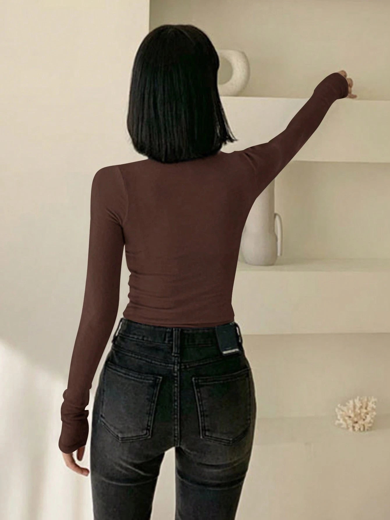 Solid Color Turtleneck Form-Fitting Thermal Lined T-Shirt Long Sleeve