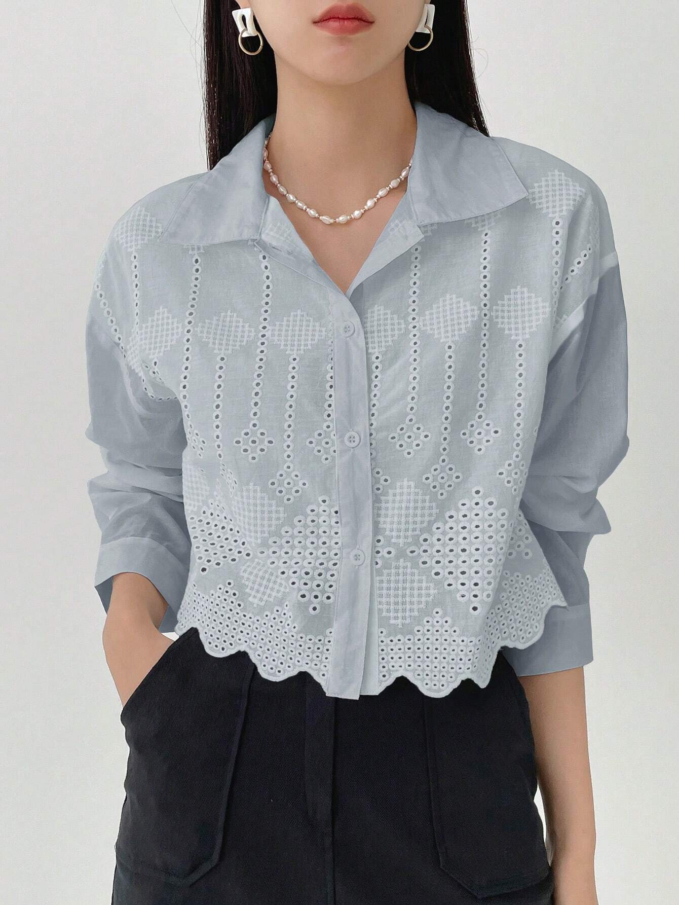 Women Fashionable Solid Color Mesh Hollow Out Long Sleeve Shirt shein