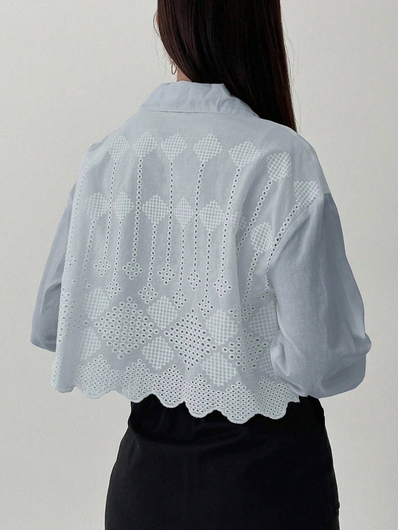 Women Fashionable Solid Color Mesh Hollow Out Long Sleeve Shirt shein