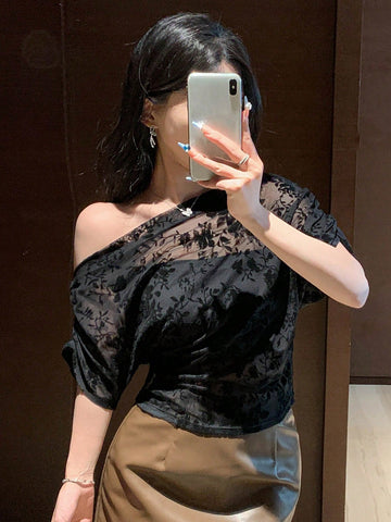 DAZY Solid Asymmetrical Neck Batwing Sleeve Tee