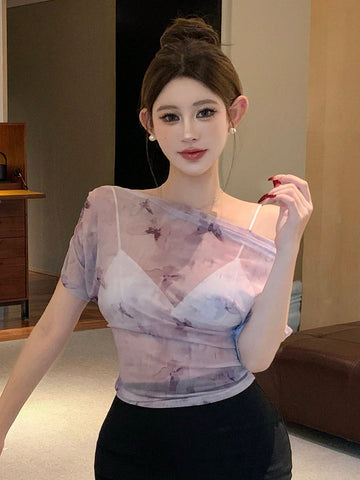 DAZY Solid Asymmetrical Neck Batwing Sleeve Tee