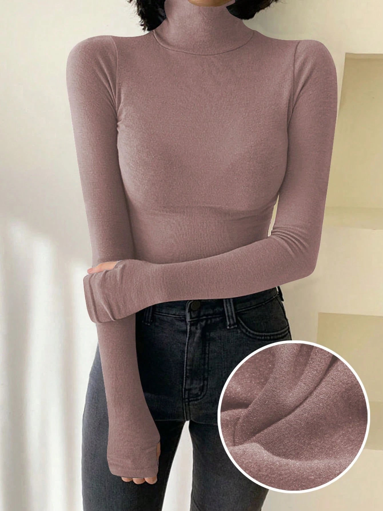 Solid Color Turtleneck Form-Fitting Thermal Lined T-Shirt Long Sleeve