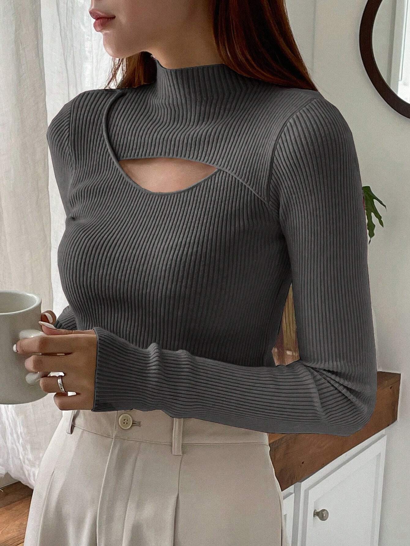 DAZY Cut Out Mock Neck Ribbed Knit Sweater,Long Sleeve Tops