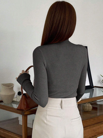 DAZY Cut Out Mock Neck Ribbed Knit Sweater,Long Sleeve Tops