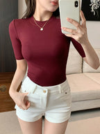 Women Plain Round Neck Short Sleeve Slim Fit Casual Top shein
