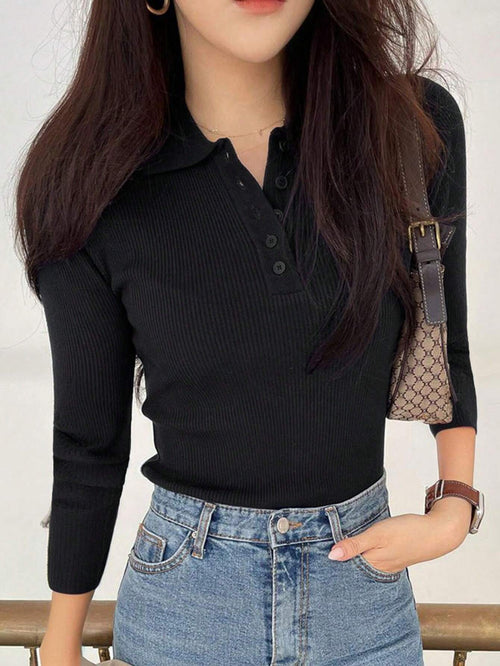 DAZY Women's Polo Neck Half Placket Sweater shein