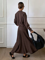 DAZY Women Solid Color Crew Neck Long Sleeve Top And Pleated Skirt Sweater Set shein