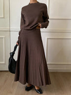 DAZY Women Solid Color Crew Neck Long Sleeve Top And Pleated Skirt Sweater Set shein