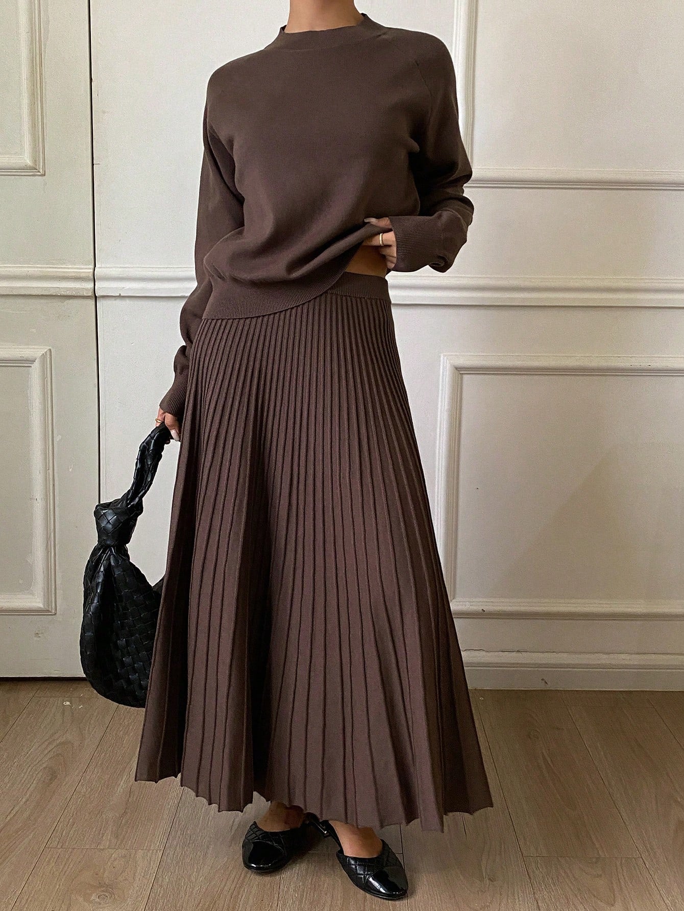 DAZY Women Solid Color Crew Neck Long Sleeve Top And Pleated Skirt Sweater Set