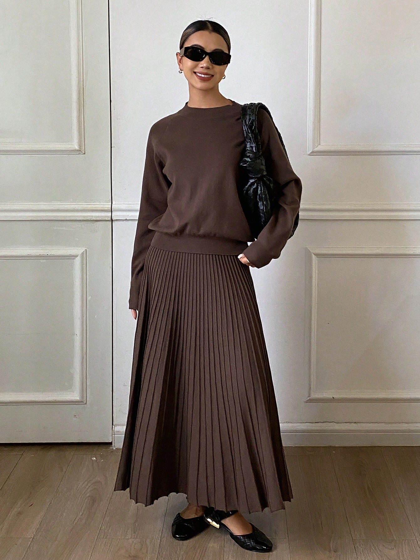 DAZY Women Solid Color Crew Neck Long Sleeve Top And Pleated Skirt Sweater Set