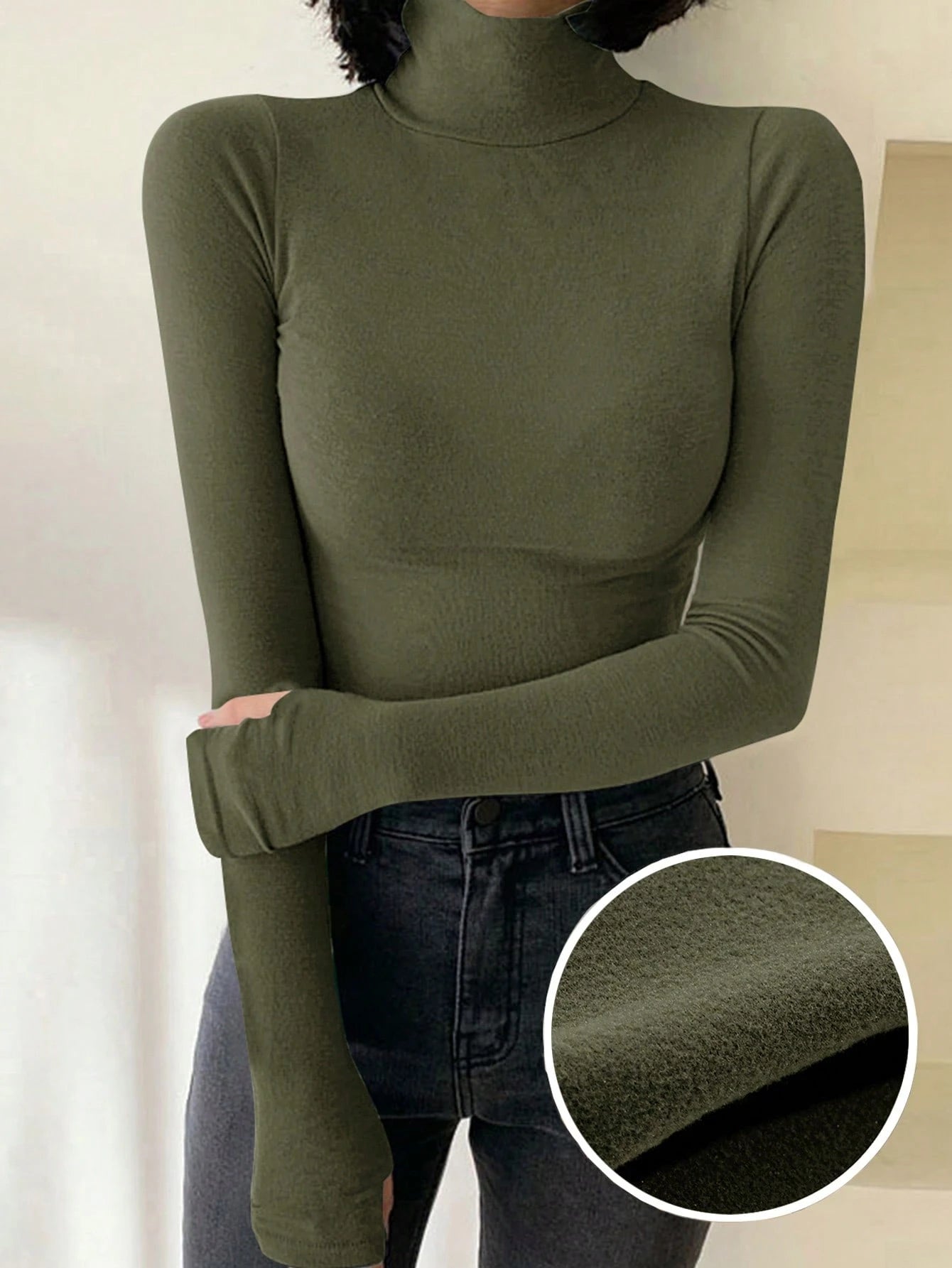 Solid Color Turtleneck Form-Fitting Thermal Lined T-Shirt Long Sleeve