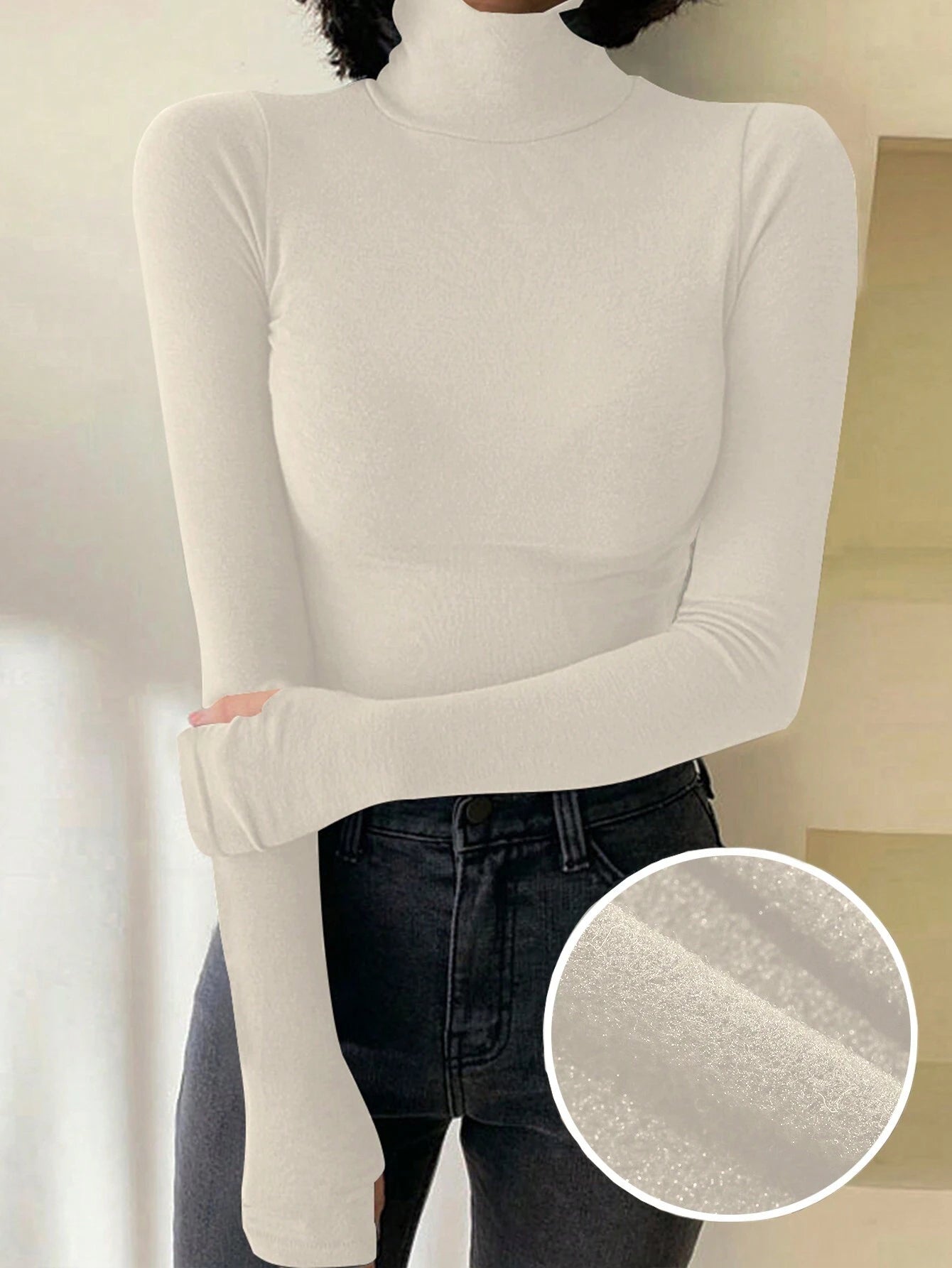 Solid Color Turtleneck Form-Fitting Thermal Lined T-Shirt Long Sleeve