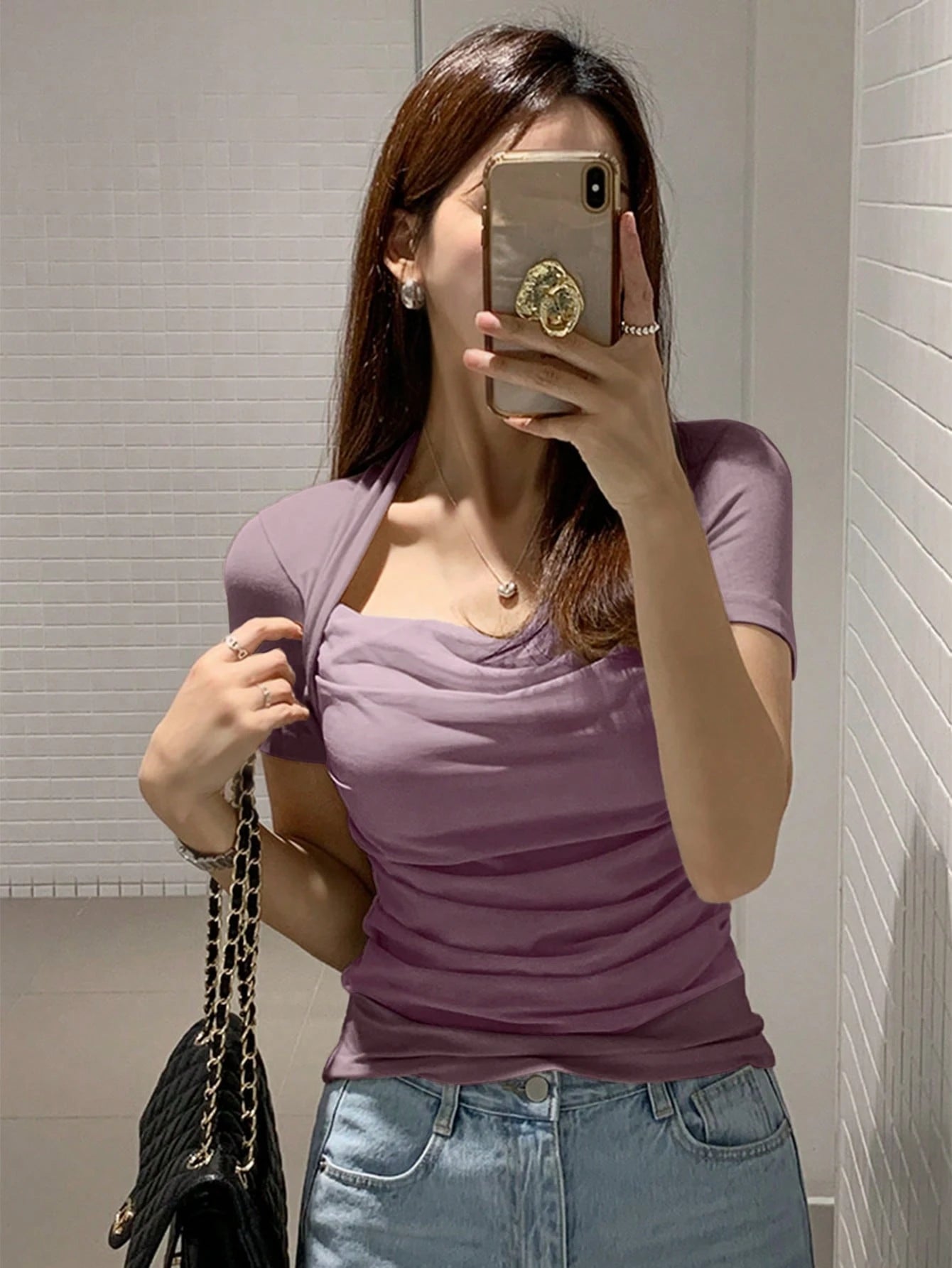 DAZY Women's Solid Color Mesh Patchwork Slim Fit Short Sleeve T-Shirt