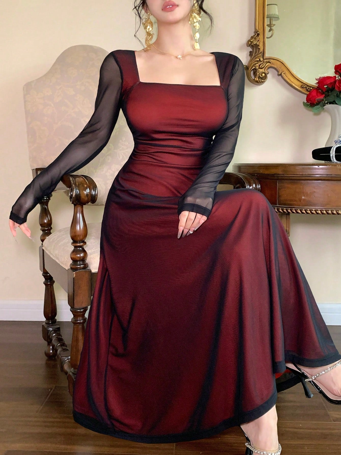 DAZY Women Square Neck Long Sleeve Mesh Mermaid Hem Elegant Mid-Length Dress shein
