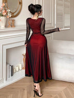 DAZY Women Square Neck Long Sleeve Mesh Mermaid Hem Elegant Mid-Length Dress shein