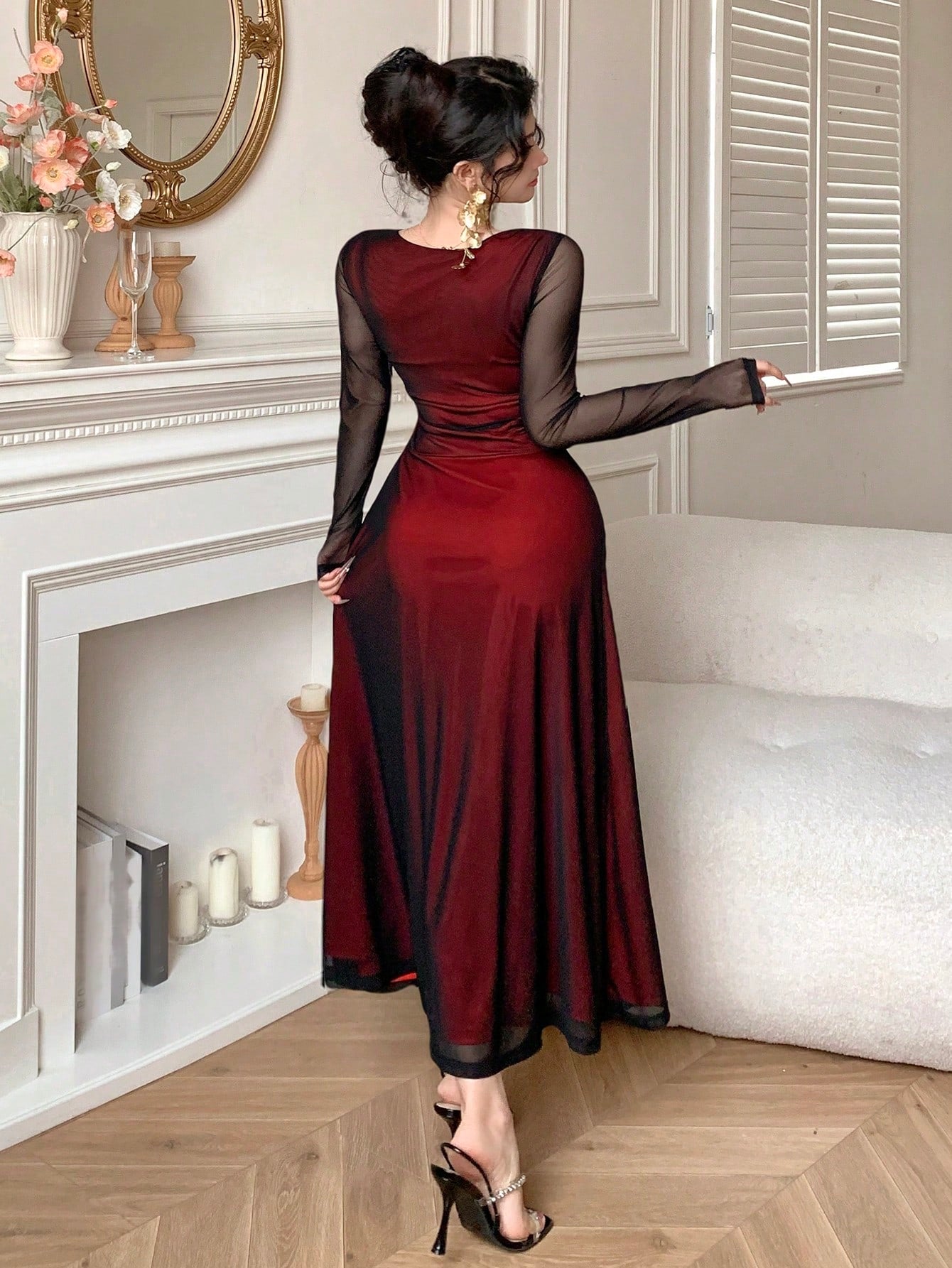 DAZY Women Square Neck Long Sleeve Mesh Mermaid Hem Elegant Mid-Length Dress shein