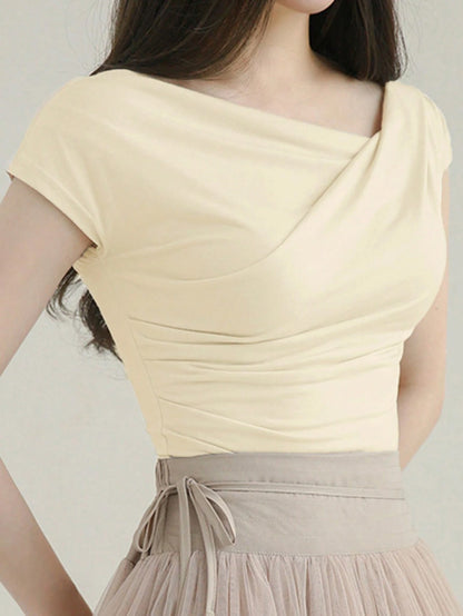 DAZY Women's Summer Solid Color Asymmetrical Collar Slim Short Sleeve T-Shirt