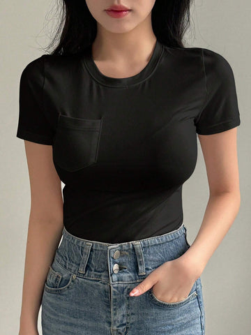DAZY Women's Solid Color Crew Neck Fitted Short Sleeve Undershirt Summer Preppy Tops