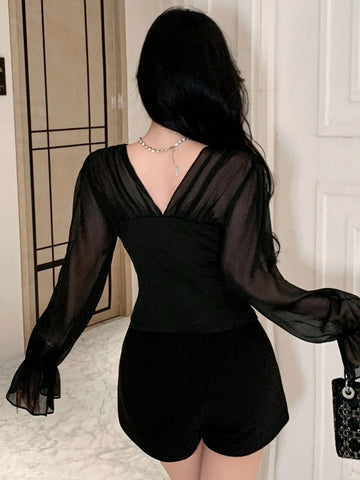 DAZY Women V-Neck Patchwork Puff Sleeve Blouse